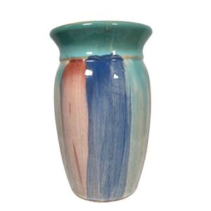 Hull Pottery #32 Drip Glaze Vase Stripes Turquoise Blue Pink Art Deco 8"T 1930s